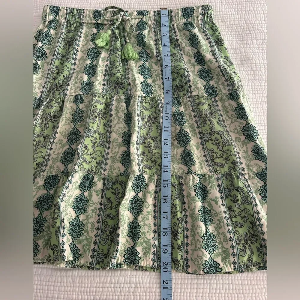 J. Jill Green Tiered Boho Mini Skirt Small Tassel Drawstring Boho Cottagecore